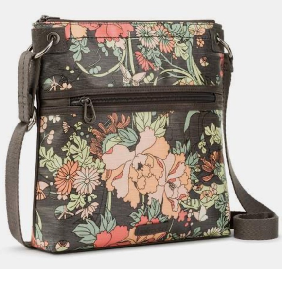 Sakroots Artist Circle Flat Crossbody Bag in Charcoal Flower Power - Picture 1 of 10